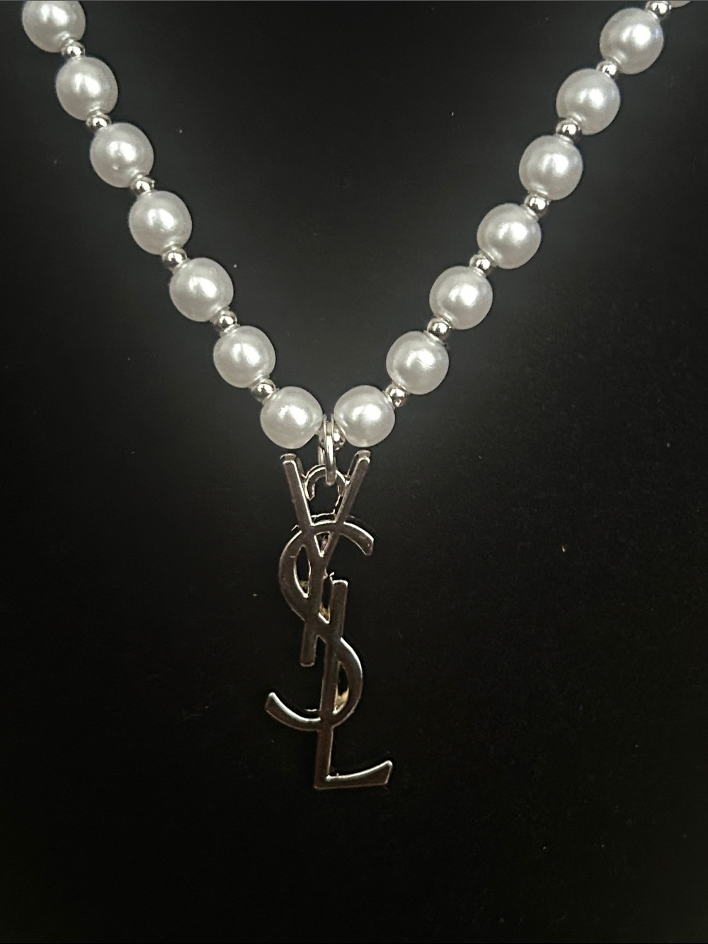 Y S L
 Pearl Bead Necklace with Silver Logo Charm